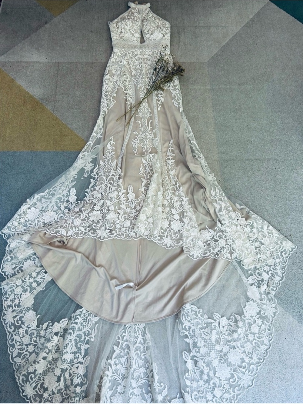 Boho Ivory Lace Halter A-line Dress with Nude Lining